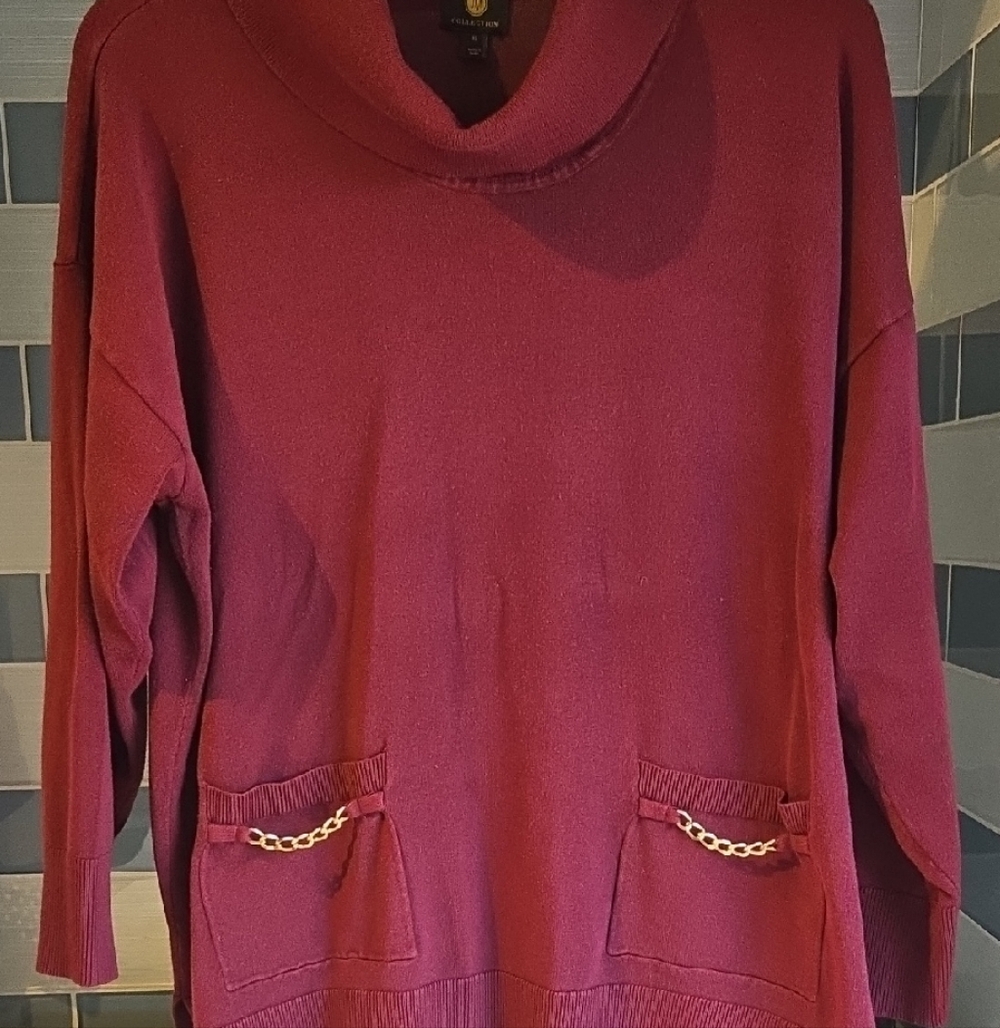 JM Collection Burgundy Cowl Neck Sweater with Chain Detail